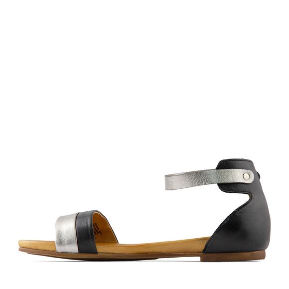 Miz Mooz 40 Atlantic Black Silver Metallic Leather Ankle Strap Flat Sandal 9 new - Picture 2 of 9